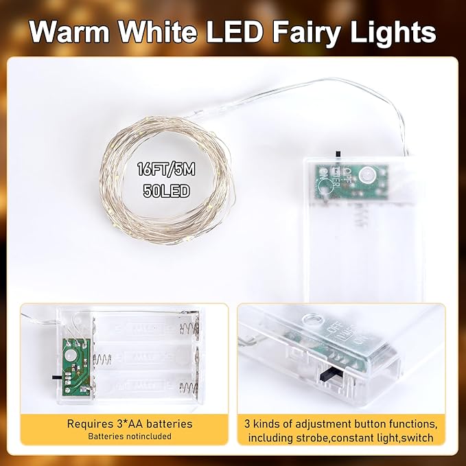 Fairy Lights Battery Operated String Lights 16.4ft 50LED Flashing and Constant Light Waterproof Silver Wire for Christmas DIY Party Bedroom Wedding (Warm White, 8 Pack)