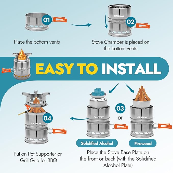CANWAY Camping Stove, Portable Stainless Steel Wood Burning Survival Stove with Nylon Carry Bag for Outdoor Backpacking Hiking Traveling Picnic BBQ