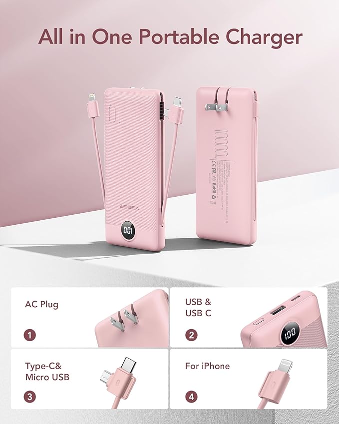 VEGER Portable Charger for iPhone with Built in Cables and Wall Plug, 10000mah Slim Fast Charging USB C Power Bank, Travel Essential Battery Pack Compatible with iPhone, iPad, Samsung etc(Crepe)