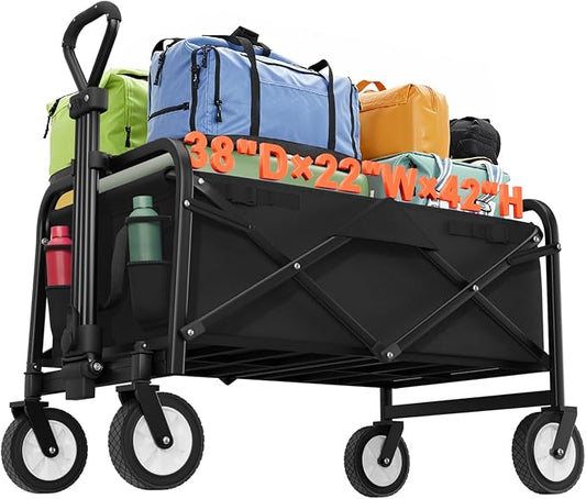 PayLessHere 38" Collapsible Wagon Folding Foldable Garden Cart with Large Capacity, 330 LBS Capacity Portable Utility Wagon Cart Heavy Duty for Beach Camping Shopping Garden,Black