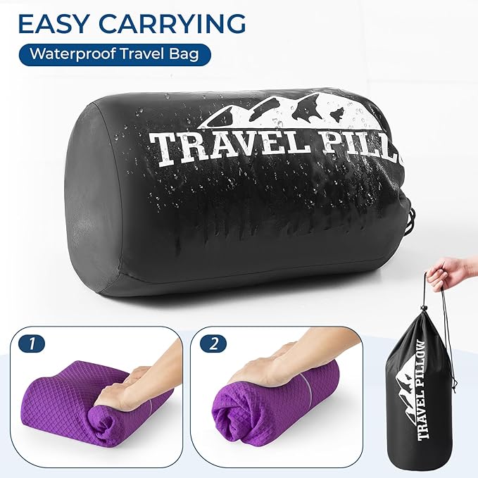 Travel Pillow Memory Foam Pillows, Ergonomic Wave Cervical Neck Pillow for Neck Pain Relief, Compressible Medium Firm Side Sleeper Pillow, Ideal for Camping, Office, Home & Bed (Purple, L)