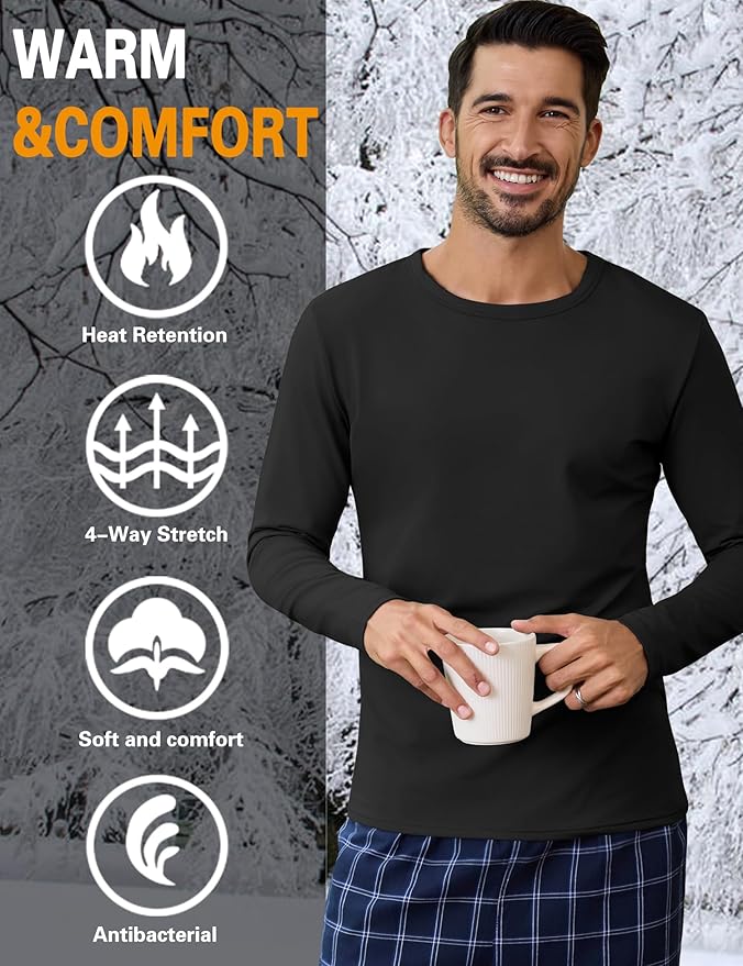 URRU Thermal Underwear for Men High Stretch Fleece Lined Long Sleeve Crewneck Thermal Shirts Base Layer Top Men Cold Weather