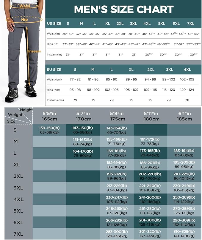 Wespornow Men's-Convertible-Hiking-Pants Quick Dry Lightweight Zip Off Breathable Cargo Pants for Outdoor, Fishing, Safari