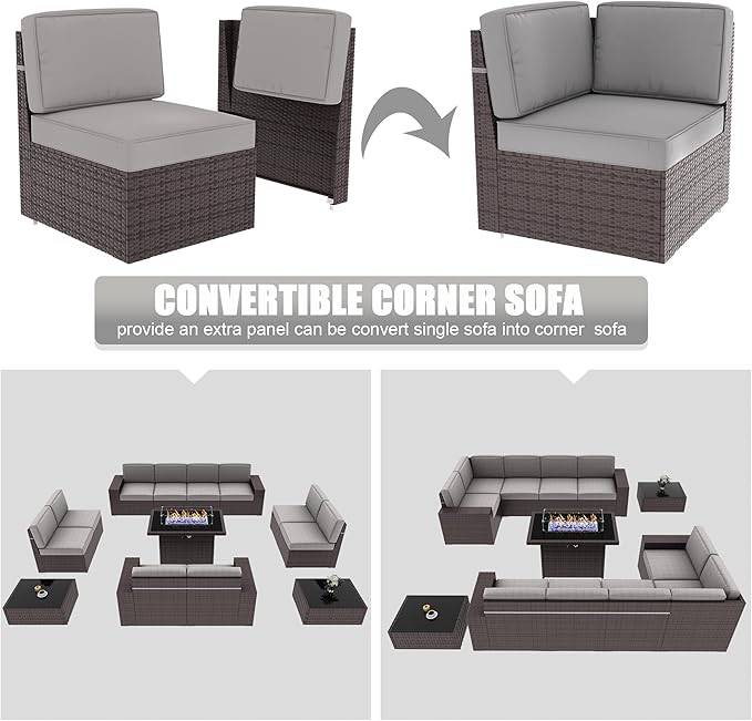 LayinSun 13 Pieces Outdoor Patio Furniture Set with 44" Fire Pit Table Brown Rattan Sectional Sofa Conversation Sets