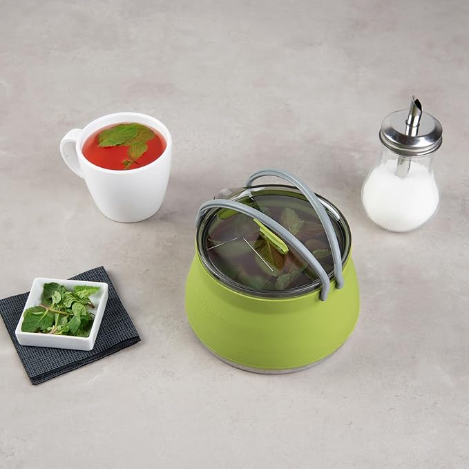 Restaurantware-Hi Tek 1 Liter Collapsible Camping Kettle, 1 Portable Cook Pot - With Perforated Lid, Stainless Steel Bottom, Silicone Camping Coffee Pot, With High Heat Nylon Handles, For Travel