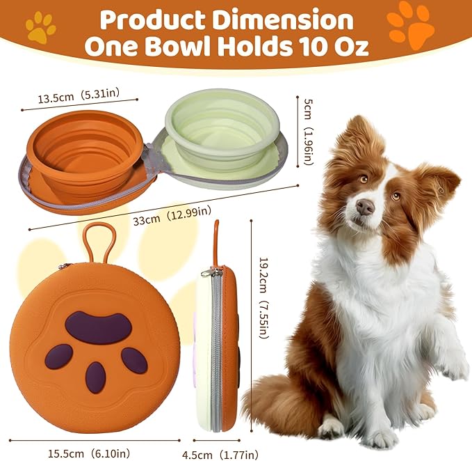 Collapsible Double Travel Dog Bowls -2 in 1 Portable Pet Food & Water Bowls with Zipper Case | Non-Skid Silicone Feeder for Camping, Hiking | Foldable Cat/Dog Bowl for Outdoor Enthusiasts & Travelers