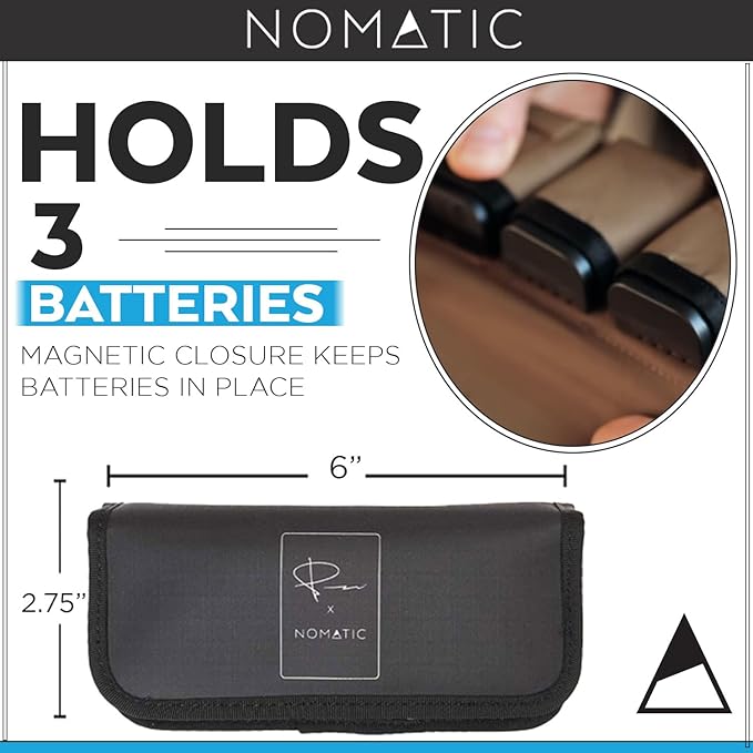 NOMATIC McKinnon Battery Case - DSLR Camera Battery Holder Organizer with Magnetic Closure for 3 Batteries