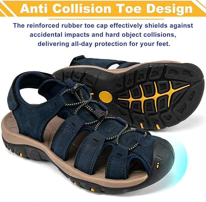 Men's Sport Sandals Closed Toe Leather Hiking Athletic Walking Outdoor Beach Trail River Fishing Water Shoes Lightweight Comfortable Waterproof