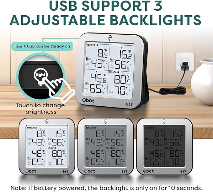 OBET Indoor Outdoor Thermometer Wireless with 3 Sensors Weather Station Temperature Humidity Monitor 500ft Range and Adjustable Backlight and Min Max Data Silver