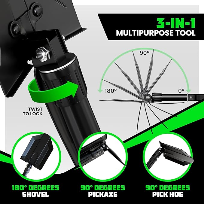 Rhino USA Survival Shovel w/Pick - Heavy Duty Carbon Steel Military Style Entrenching Tool for Off Road, Camping, Gardening, Beach, Digging Dirt, Sand, Mud & Snow. (Recovery Shovel)