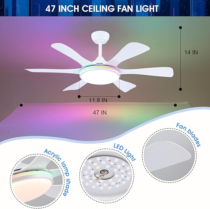 Ceiling Fans with Lights-47 Low Profile Ceiling Fan with 7-Color RGB Light and Remote/APP Control,Flush Mount,DC Reversible,LED Dimmable White Ceiling Fans for Bedroom,Indoor/Outdoor Patio