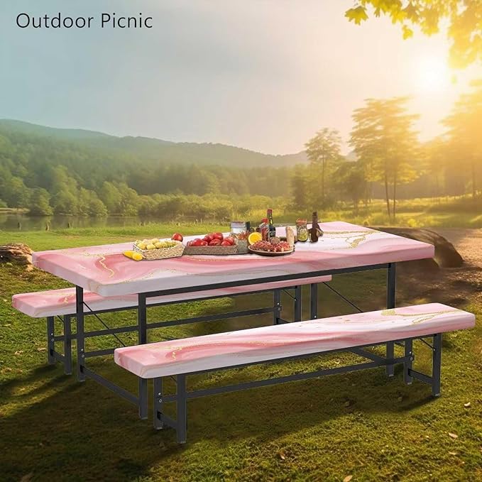 CAPSCEOLL Fitted Picnic Table Cover with Bench Covers with Elastic 8Ft Waterproof Picnic Table Cloths Windproof Outdoor Camping Tablecloth with Drawstring Bag, 96X30in, Pink Marble