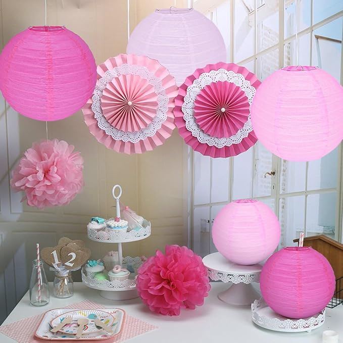 10Pcs 16 Inch Round Paper Lanterns for Home Decor, Restaurant, Church, Wedding, Birthday Party Decorations, Hanging Chinese Japanese Paper Lantern Lamps (Pink Series)