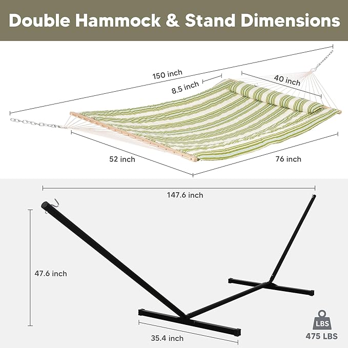 SUNCREAT Cotton Rope Hammock for Two People with Hardwood Spreader Bars, Quilted Fabric Pad & Detachable Pillow, Extra Large Hammock with 12 FT Steel Stand, Ipad Bag & Cup Holder, Green&Beige