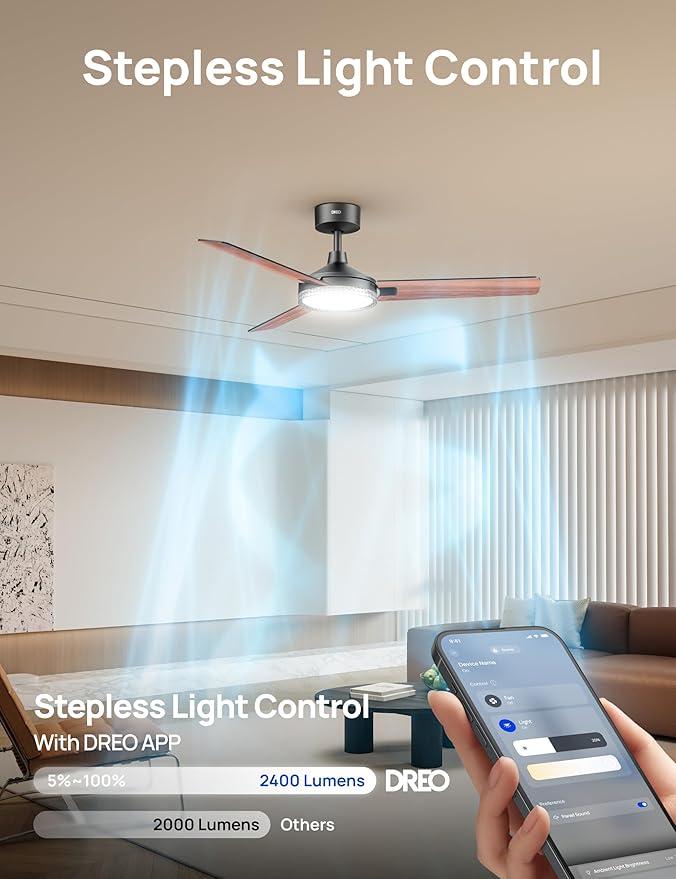 Dreo Smart Ceiling Fans with Lights, 52 Inch Black Ceiling Fan, 12 Speeds & 3 Fan Modes, Stepless Color Tones, Dimmable LED Light, 1-12H Timer, Quiet DC Motor, Remote/APP/Alexa/Wall Switch Control
