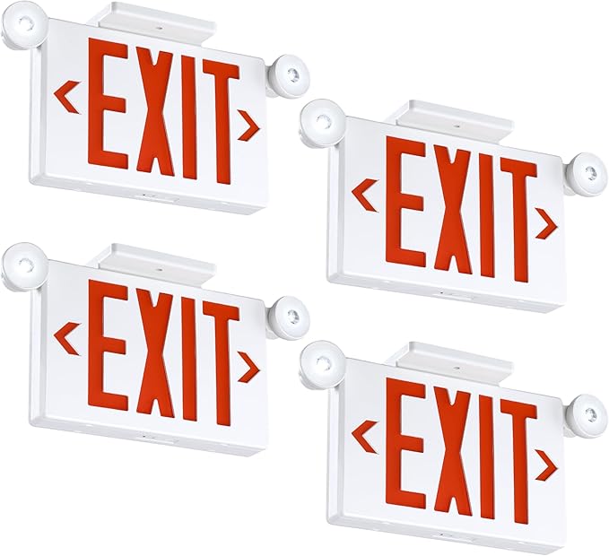 Gruenlich Exit Signs with Emergency Lights, 2 Adjustable LED Head with Battery Backup, 94V-0 Fire Resistant, AC 120/277V, Hardwired Commercial Emergency Light Combo for Business, 4 Pack