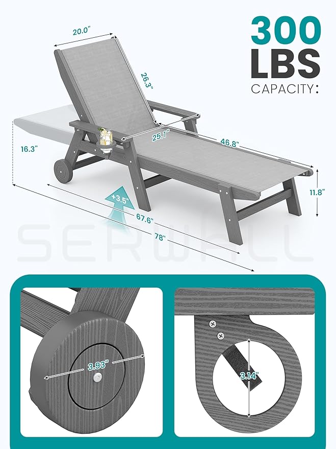 SERWALL Textilene Patio Chaise Lounge Chair Set of 2, 5 Positions Outdoor Lounge Chair with Rolling Wheels for Pool, Deck, Grey