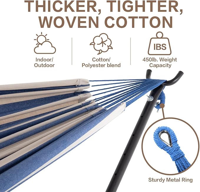 PNAEUT Double Hammocks with Stand for Outside, Portable Space Saving Heavy-Duty Steel Stand for Indoor Outdoor Patio with Carrying Bag, 450 lbs Capacity (Sky)