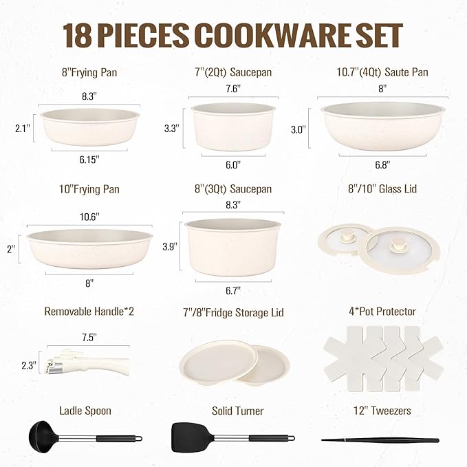 18 Pcs Nonstick Pots and Pans Set with Detachable Handle, Induction Compatible Oven Safe RV Cookware Set, No PFOA (WHITE)