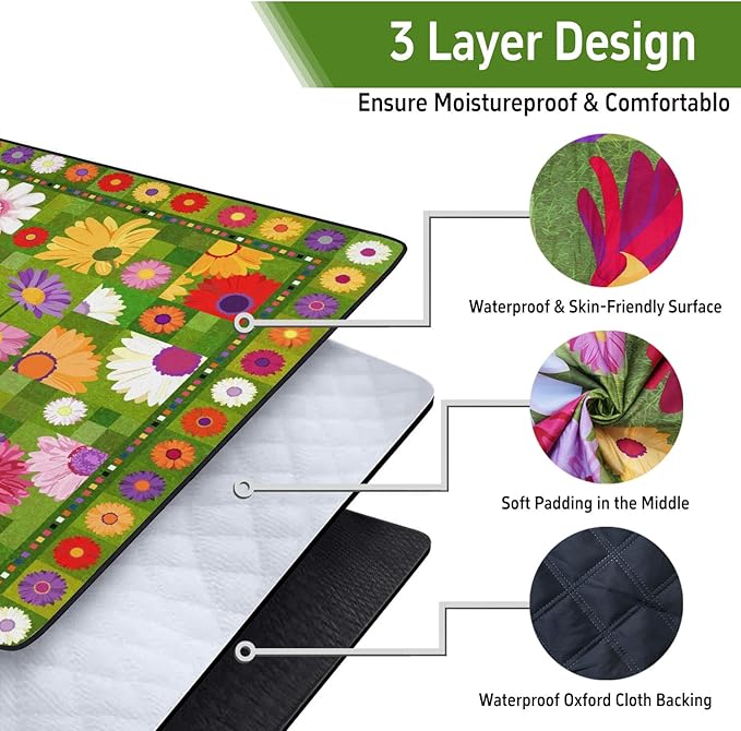 Extra Large Picnic Outdoor Blanket 80''x80'' Green Flower Waterproof and Sandproof Picnic Mat for Beach Foldable Camping Accessories for Grass Lawn Park