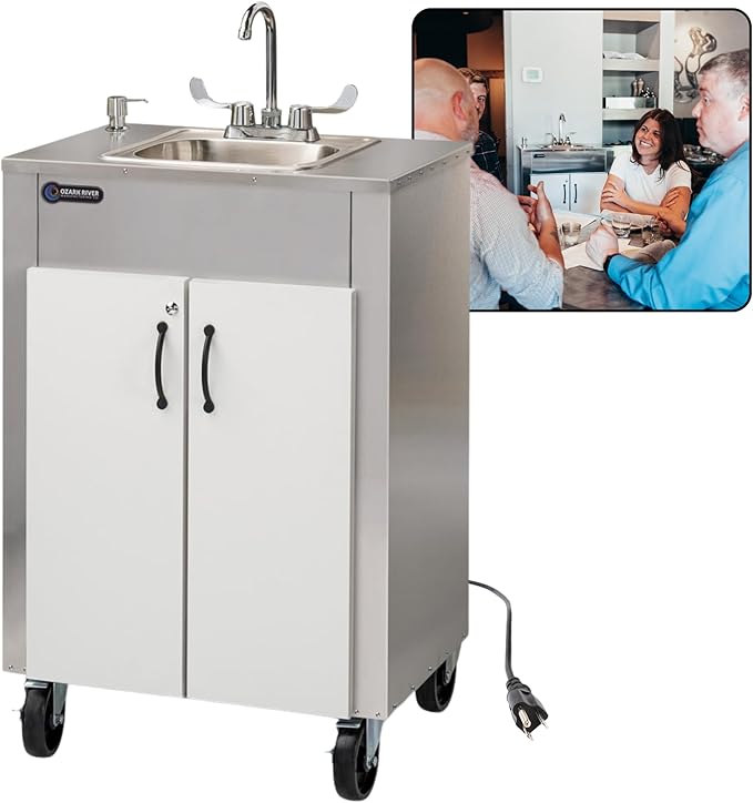 Ozark River Portable Sinks Elite LS1, Free Standing Portable Concession Sink, Commercial Restaurant Portable Sink with Hot Water, Stainless Food Service Sink, White Doors-White Edges
