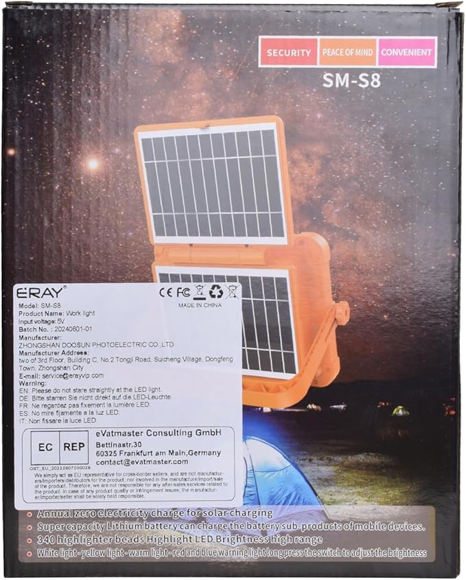 ERAY Rechargeable LED Work Light, Portable Worklight with Dual Solar Panels & 9000mAh Battery, Solar Camping Lights, 4 Lighting Modes Work Lights for Outdoor Emergency Building Car Repairing（Grey