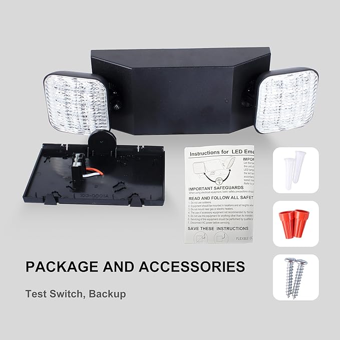 Qllite LED Emergency Light with Battery Backup, LED Commercial Emergency Lighting Fixtures Two Heads Adjustable, UL Listed, AC 120-347V, Energy Efficient for Business Schools Hospitals, Square Black