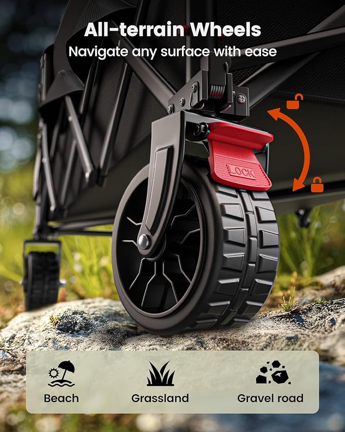 Wagon Cart Foldable, Collapsible Wagon with Expandable Storage, 150L Foldable Grocery Cart with 2 Cup Holders for Outdoor, Garden, Camping &Groceries