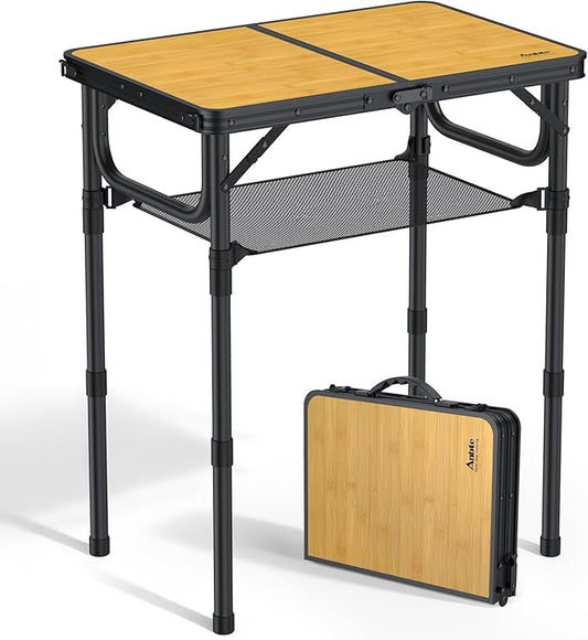 2ft Camping Table Foldable with Storage Net, 3 Adjustable Heights Aluminum Small Folding Table, Lightweight, Portable Handle, for Travel Outdoor Beach Camping Picnic, 23.2" x 16", Yellow