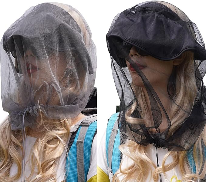 wohohoho Mosquito Head Net Mesh with Drawstring, Bug Face Netting for Hats, Mesh Face Shield for Men & Women Beekeeper Net Mask Protection for Midges, Bugs & Gnats (2 Packs, Mix Colors, Updated Size)