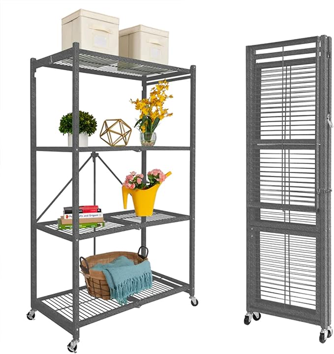 Origami R5 4-Shelf Heavy-Duty Folding Storage Rack, Pewter - Large Foldable Metal Shelving Unit with Wheels for Garage, Pantry, Basement, Laundry Room or Warehouse