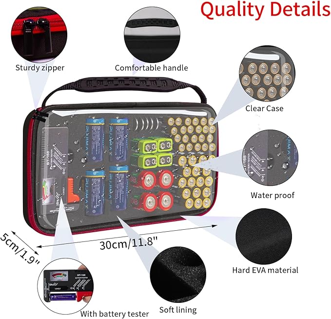 Battery Organizer Storage Case with Tester,Clear Batteries Storage Organizers Holds, Just The Right Size Slot with stable handle,Holds 57 Batteries Various Sizes（Batteries are Not Included）(Red)