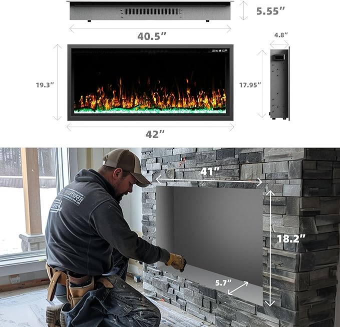 BREEZEHEAT 42 Inch Electric Fireplace-Recessed & Wall Mounted Linear Fireplace-750/1500W Heater w/Temperature Control, Log & Crystal Options, Adjustable Flame, Remote Control