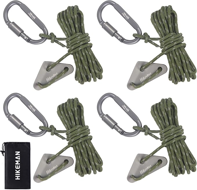 Hikeman 4 Pack Camping Rope with Locking Carabiner Clip,4mm Reflective Guy Lines with Triangular Guyline Adjuster Tensioner,Nylon Cord for Tent Tarp Tie Down,Hiking,Backpacking