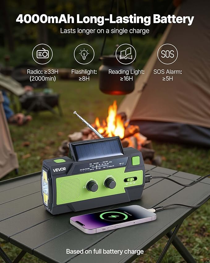 VEVOR Emergency Weather Radio, 4000mAh Battery, FM/AM/WB/NOAA Alert Solar Hand Crank Emergency Radio, with USB Charging Cable, SOS Alarm and Flashlight, Portable for Outdoor Emergencies, Camping