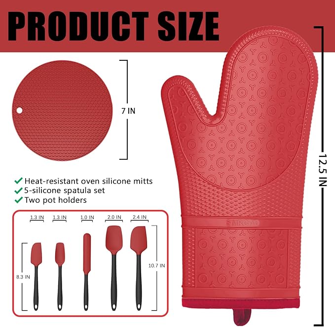 Oven Mitts with Heat-Resistant Hot Pads and Five Silicone Spatulas Designed for Kitchen Baking Cooking, Oven Glove Soft Cotton Lining, Waterproof, BPA-Free (RED, 12.6)