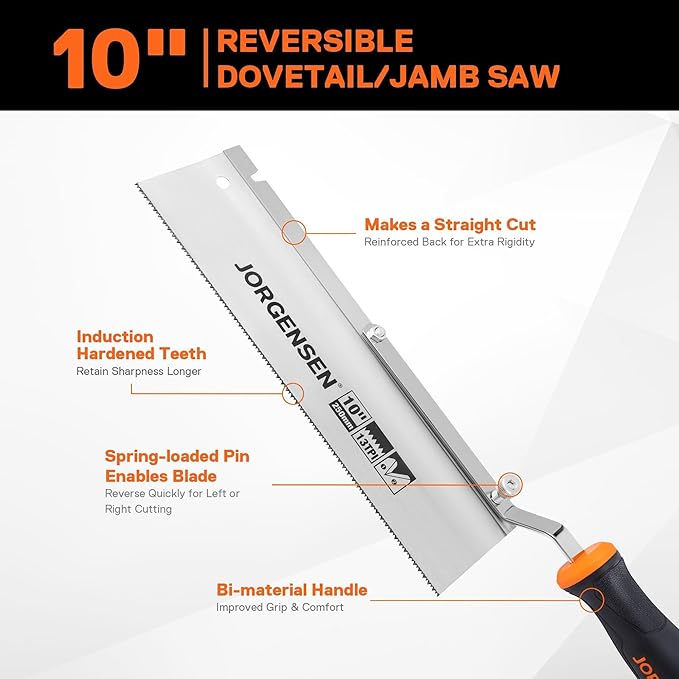 JORGENSEN 10" Dovetail Reversible Saw, Professional Cutting Jamb Saw, 13TPI Double Ground Teeth Flush Cut Saw Spring Loaded Design Cranked Soft Handle, Shorten Door Frame, Tile Installation and Prep