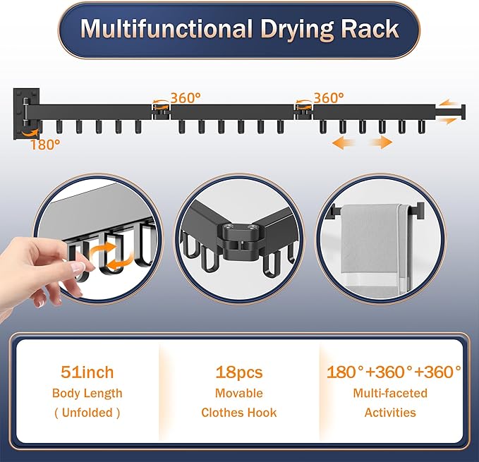 Space Saver Clothes Drying Rack, Wall Mounted, Retractable, Collapsible(Tri-Fold), for Balcony, Bathroom, Black Color