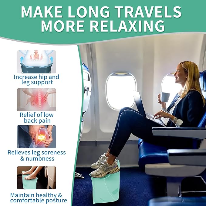 Travel Foot Rest for Airplane & Office - Portable Under Desk Foot Stool, Relieves Back & Knee Pain, Comfort for Long Flights, Cars, Subways & Trains (Green)