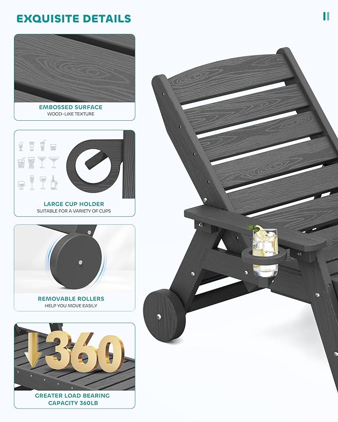 SERWALL Patio Chaise Lounge Chair Set of 6, 5 Positions Adjustable Poly Outdoor Lounge Chair for Pool, HDPE Lounge Chair with Rolling Wheels & Cup Holder for Poolside, Deck, Slate Gray