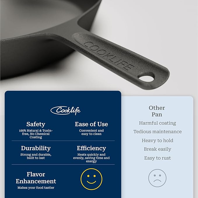 COOKLIFE 10 Inch Lightweight Pre-Seasoned Cast Iron Skillets with Stainless Steel Lid and Handle Cover - Smooth Polished Surface, Easy to Clean Cast Iron Pan Use in the Oven, on the Stove or Grill