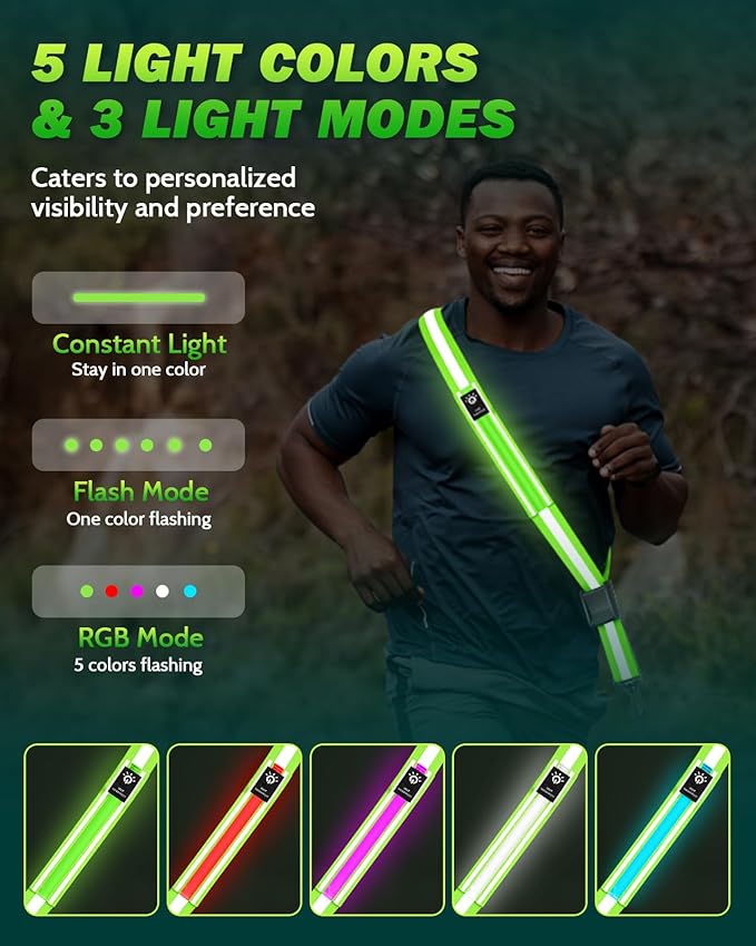 LED Reflective Belt Sash - 5 Lights Colors & 3 Light Modes High Visibility Night Safety Belt, Rechargeable Light Up Running Gear Adjustable Vest Straps for Runners Walkers Men Women