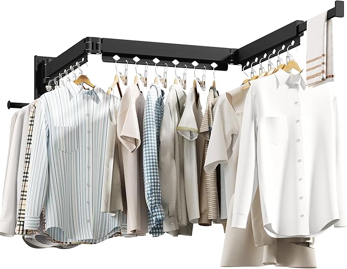 Wall Mounted Clothes Hanger,Clothes Drying Rack,Laundry Drying Rack,Clothes Rack,Laundry Rack Wall Mount,Retractable Collapsible Drying Rack Clothing (Windproof Holes,with Clips),Black