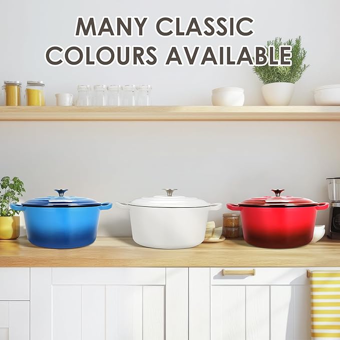 LIFERUN 6 Qt Enameled Cast Iron Dutch Oven Pot with Lid，Oven Safe up to 500° F, Non-Stick Dutch Oven with Dual Handles for Bread Baking, Fry Foods, Braising, Stews, Roasting (White)