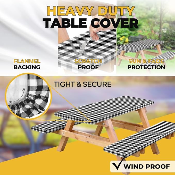 RNOONY Vinyl Fitted Picnic Table Cover with Bench Covers and Bag,8ft Outdoor Waterproof Picnic Tablecloth with Elastic Edges, 96x30 Inches 3 Pcs Set (Black Checkered)