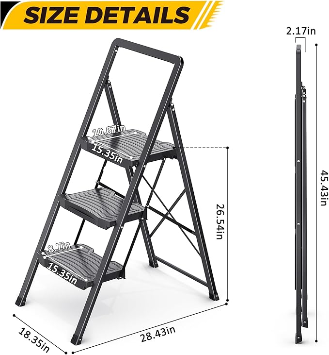 KINGRACK 3 Step Ladder 800lb Capacity, Folding Step Stool with Wide Anti-Slip Pedal & Safety Handrails, Lightweight Steel Ladder for Kitchen, Pantry, Office, Black