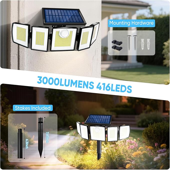 Solar Lights Outdoor Waterproof Motion Sensor with Stake - 2-in-1 In-Ground/Wall Mount, 416 LED 3000LM Super Bright 3 Brightness 3 Modes 360° Illumination Solar Security Lights for Outside, 1Pack