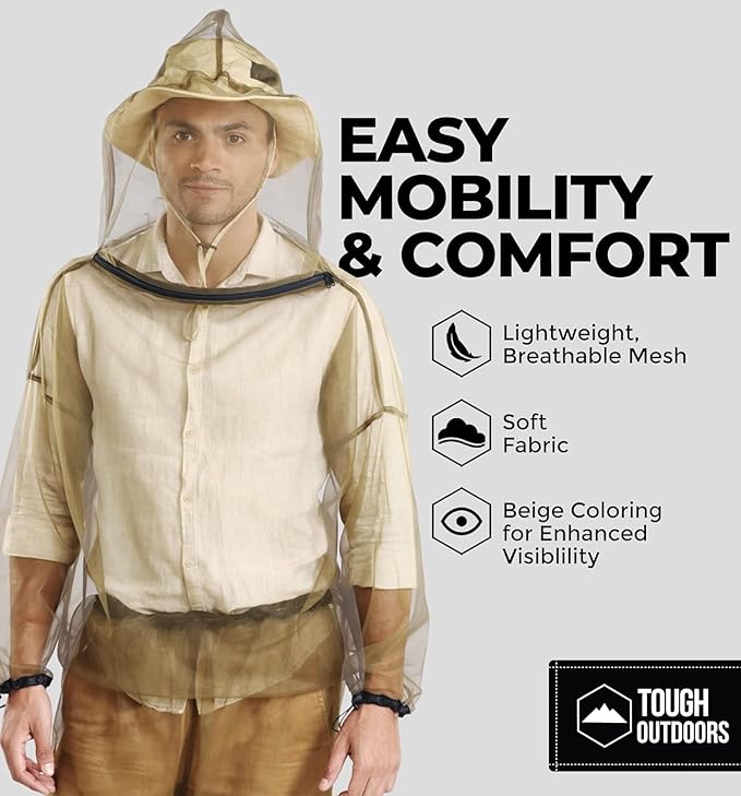 Mosquito Jacket - Bug Jacket with Hood for Men and Women - Mosquito Net for Gardening & Outdoor Protection from Bugs, Flies, Gnats, No-See-Ums & Midges