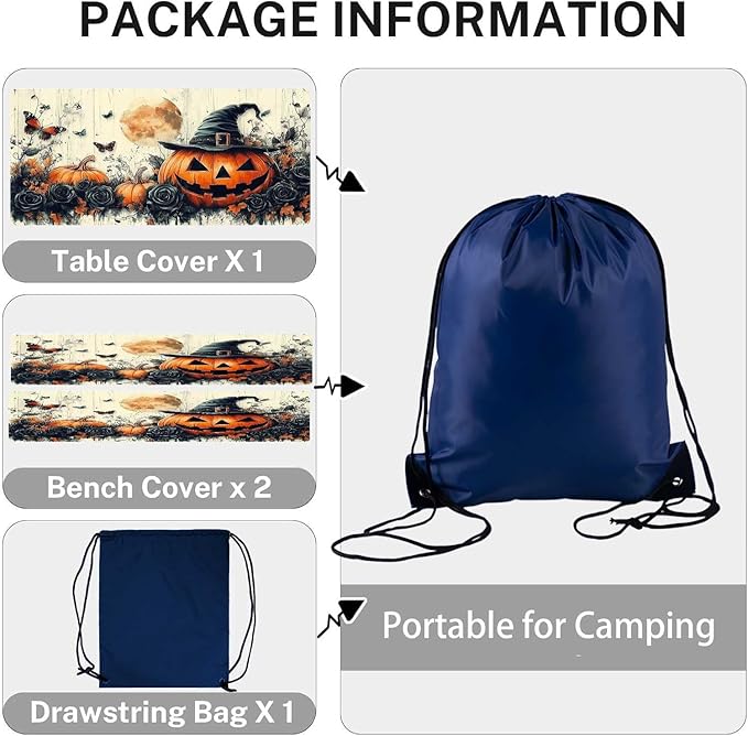 CAPSCEOLL Fitted Picnic Table Cover with Bench Covers with Elastic 8Ft Waterproof Picnic Table Cloths Windproof Outdoor Camping Tablecloth with Drawstring Bag, 96X30in, Halloween Pumpkins