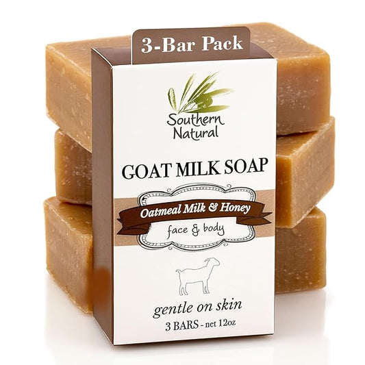 Southern Natural Goat Milk Soap Bar - Oatmeal Milk & Honey 3 Pack - For Dry Sensitive Skin. Natural, Handmade Soap For Men, Women, Kids, Face & Body